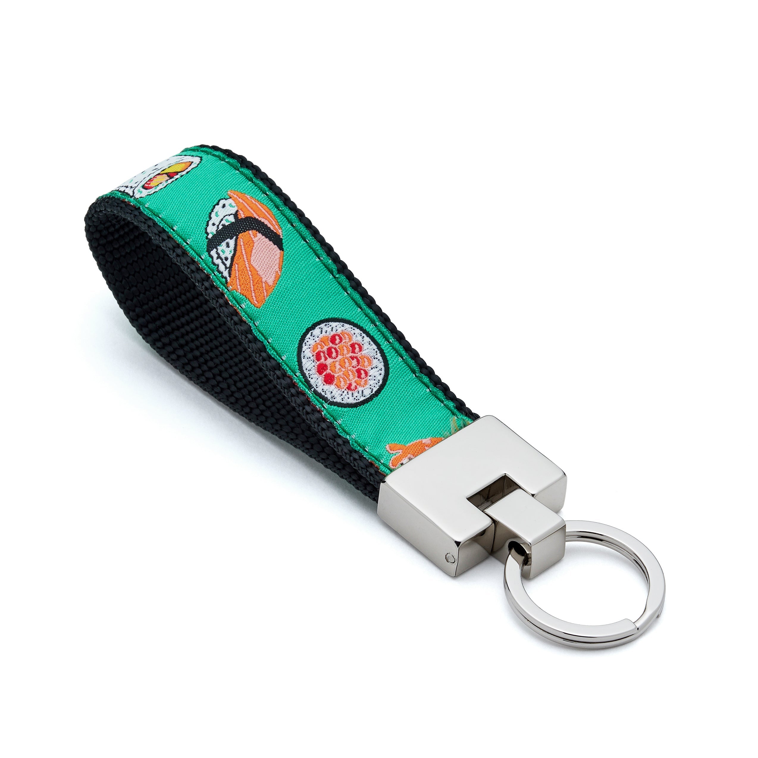 Keychain with sushi design on a green strap against a white background