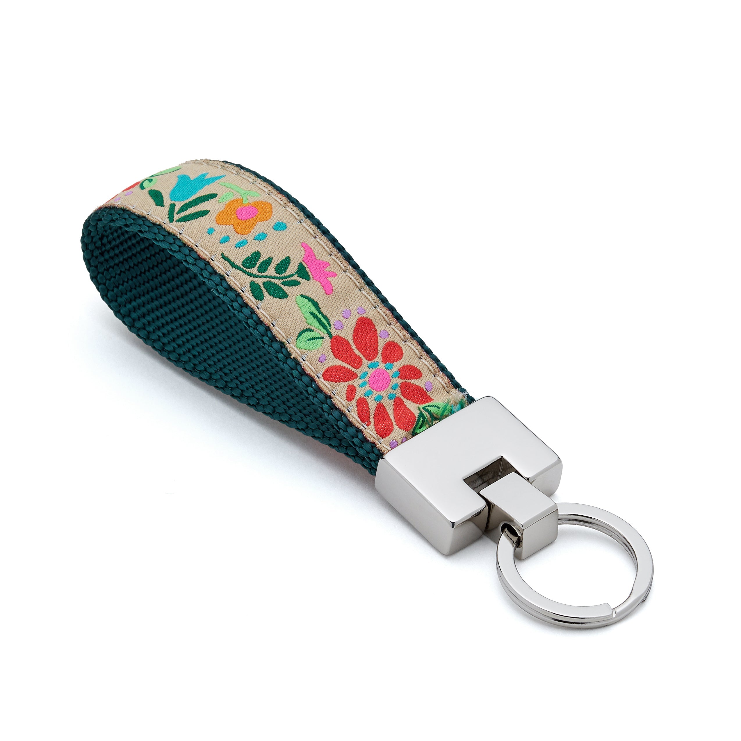 Keychain with floral patterned strap on a white background