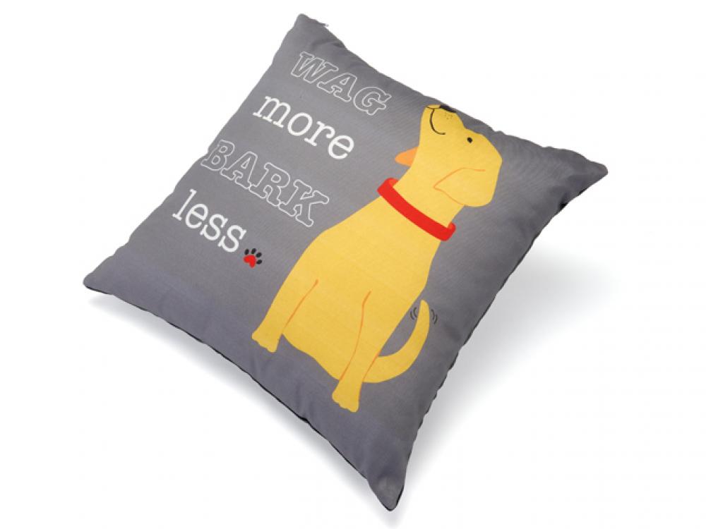 Gray pillow with a yellow dog illustration and text 'Wag more Bark less' 